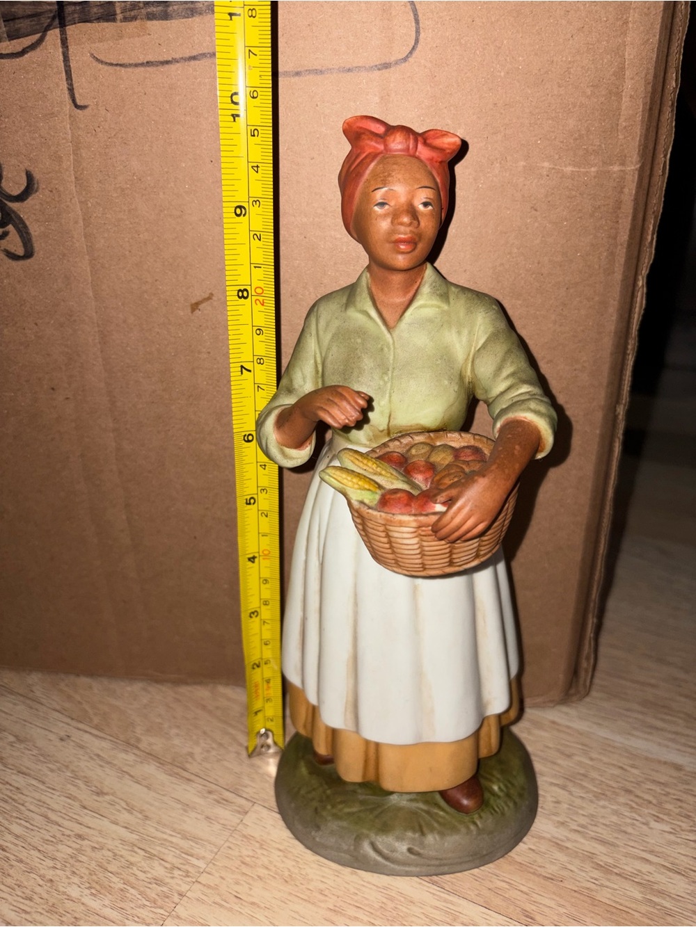 Hand-Painted Green and White Kitchen Figurine with Fruit Basket